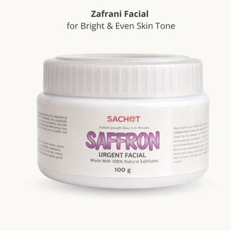 Sachet Saffron Urgent Facial product with benefits listed on a gradient pink and white background