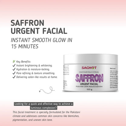 Sachet Saffron Urgent Facial product with benefits listed on a gradient pink and white background