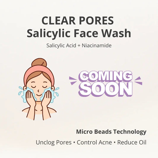 Promotional graphic for Salicylic Face Wash with a woman washing her face, text 'Coming Soon' and product features.