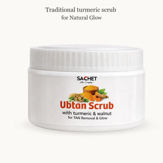 Sachet Ubtan Face & Body Scrub jar with product details on a gradient background
