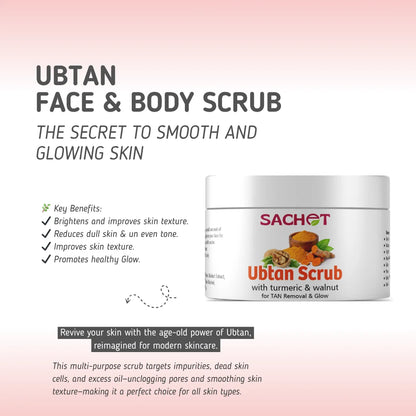 Sachet Ubtan Face & Body Scrub jar with product details on a gradient background