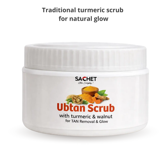 Sachet Ubtan Face & Body Scrub jar with product details on a gradient background