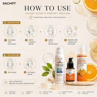 Vitamin C skincare products with oranges and a hand holding a bottle on a light background