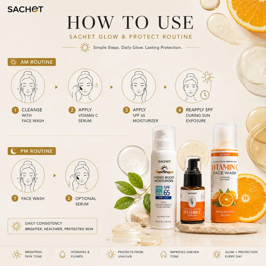 Vitamin C skincare products with oranges and a hand holding a bottle on a light background