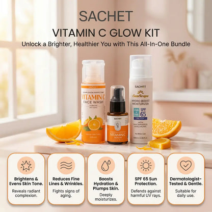 Sachet Vitamin C Glow Kit with skincare products on a wooden surface with oranges.