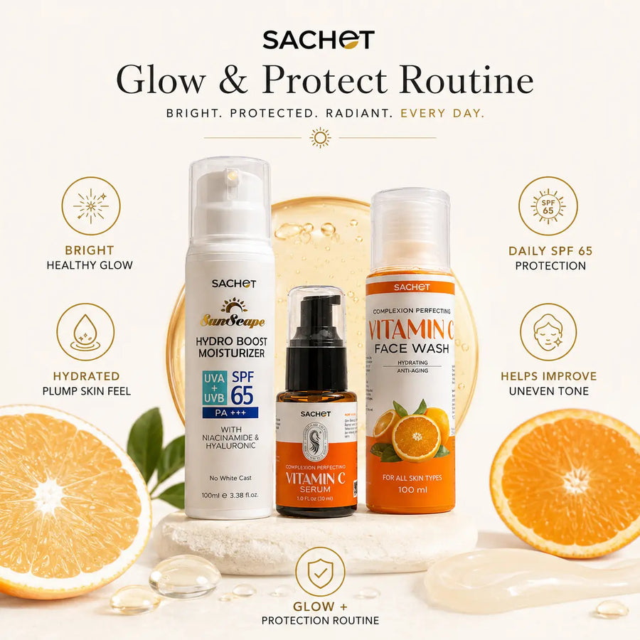 Sachet Vitamin C Glow Kit with skincare products on a wooden surface with oranges.