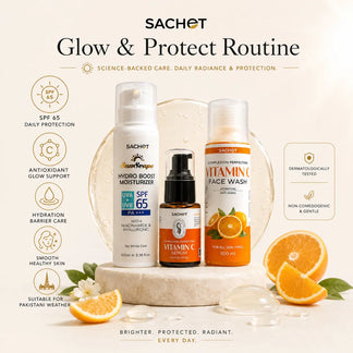 Vitamin C glow kit with skincare products and oranges on a wooden surface, featuring a special offer banner.