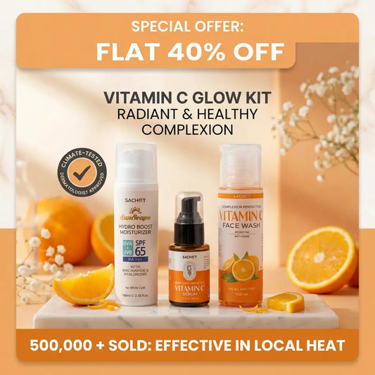 Vitamin C glow kit with skincare products and oranges on a wooden surface, featuring a special offer banner.