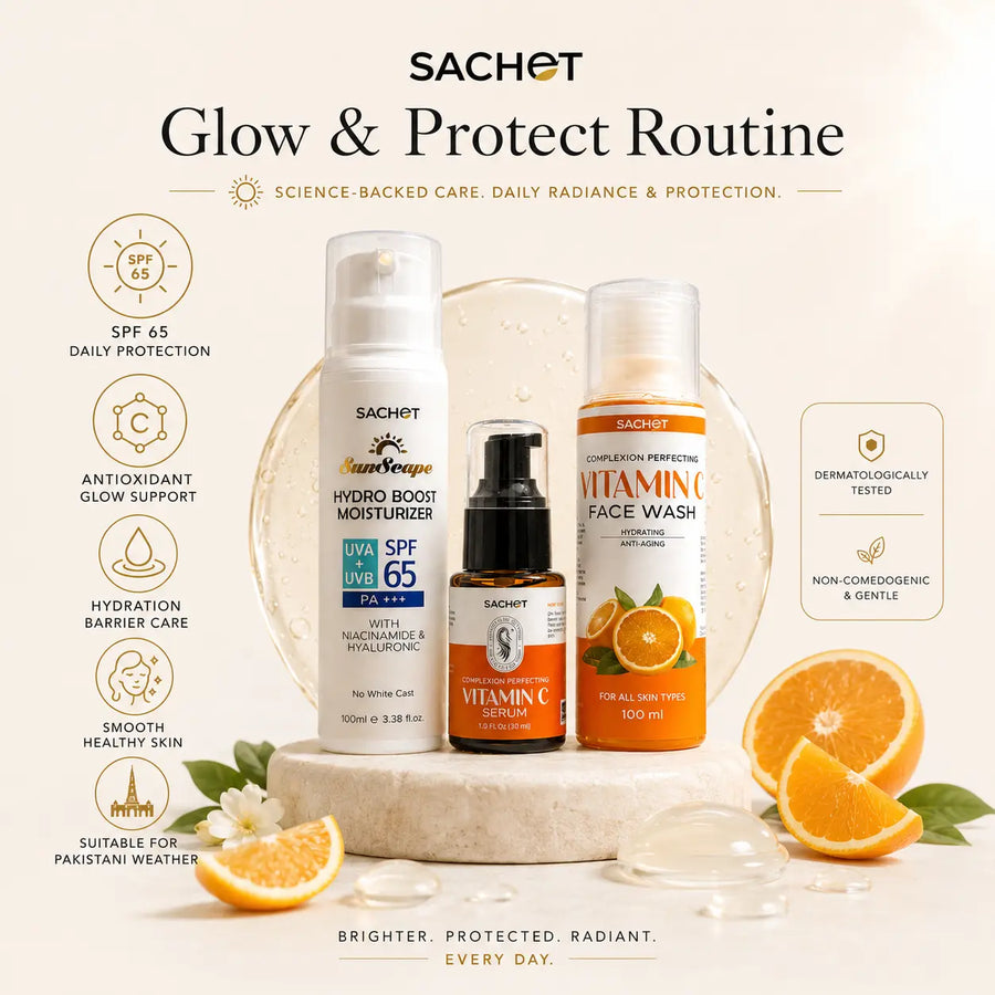 Vitamin C glow kit with skincare products and oranges on a wooden surface, featuring a special offer banner.