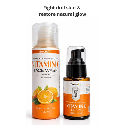 Vitamin C face wash and serum with oranges and leaves on a light background