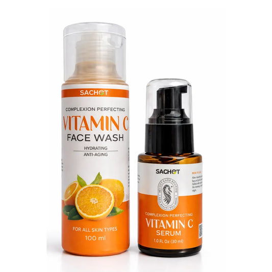 Vitamin C face wash and serum with oranges and leaves on a light background