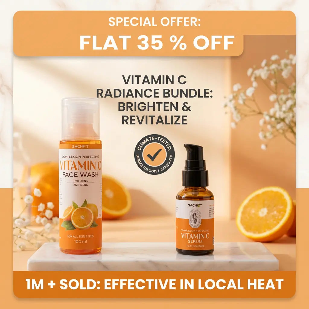 Vitamin C skincare bundle with face wash and serum on a wooden surface with oranges and flowers, featuring a special offer banner.