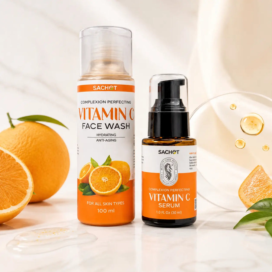 Vitamin C skincare bundle with face wash and serum on a wooden surface with oranges and flowers, featuring a special offer banner.