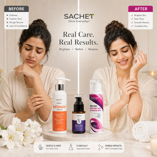 Product packaging with bottles and a hand holding them, set against a blurred background with text about product features and customer feedback.