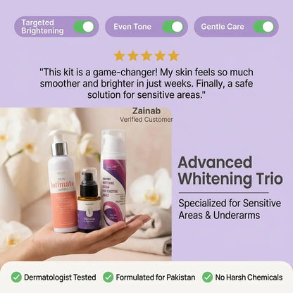 Product packaging with bottles and a hand holding them, set against a blurred background with text about product features and customer feedback.