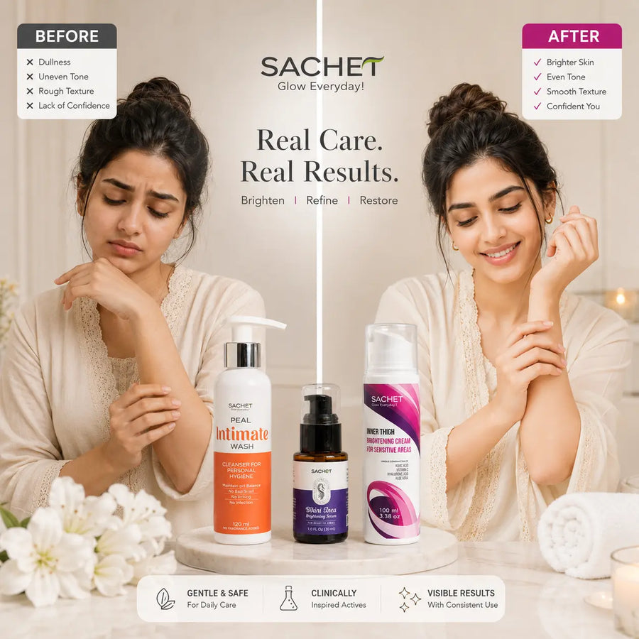 Product packaging with bottles and a hand holding them, set against a blurred background with text about product features and customer feedback.