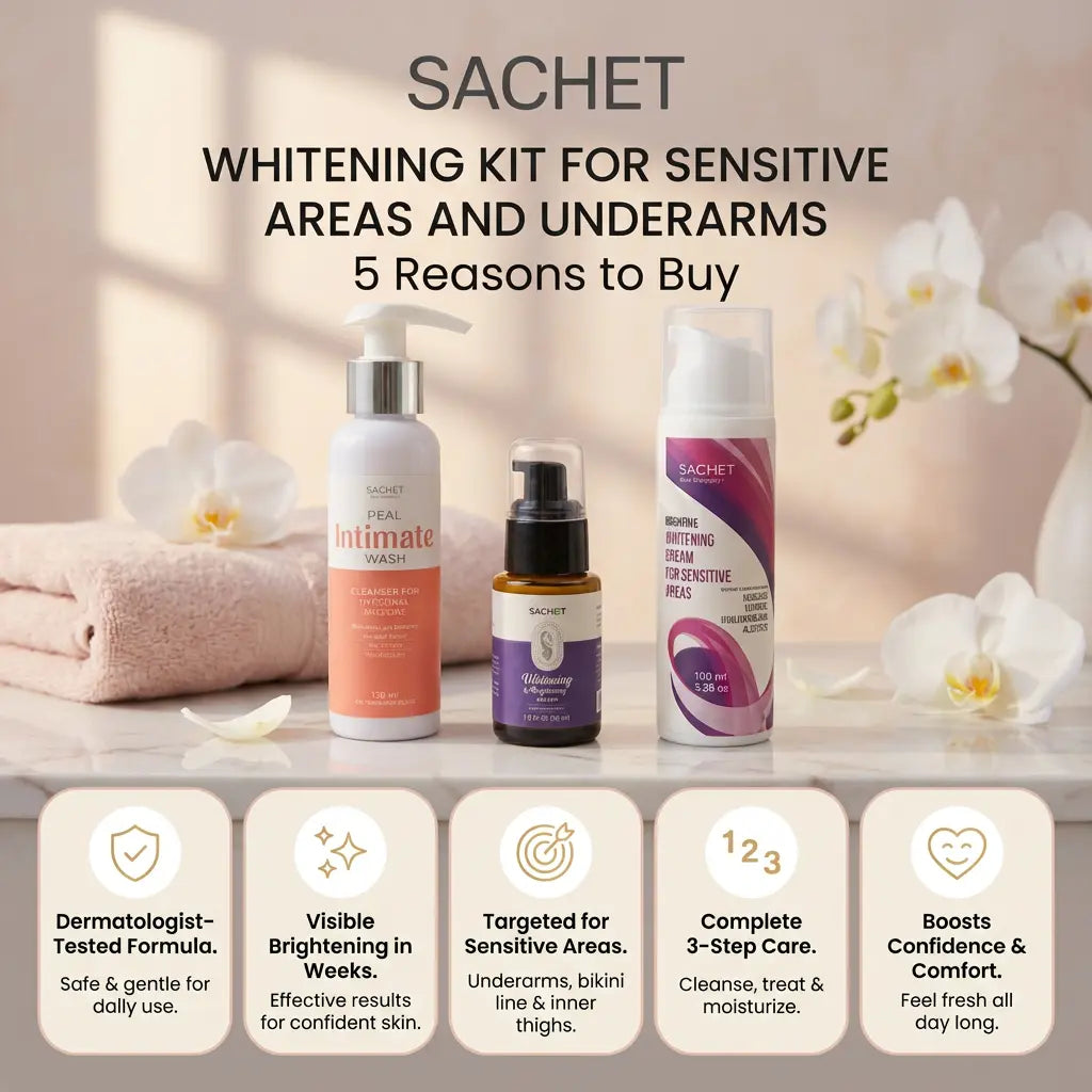 Sachet whitening kit for sensitive areas and underarms with products on a table.
