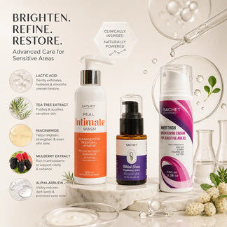 Sachet whitening kit for sensitive areas and underarms with products on a table.