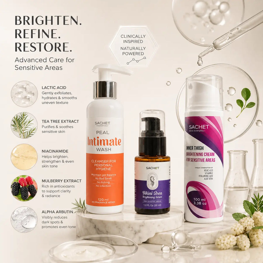 Sachet whitening kit for sensitive areas and underarms with products on a table.