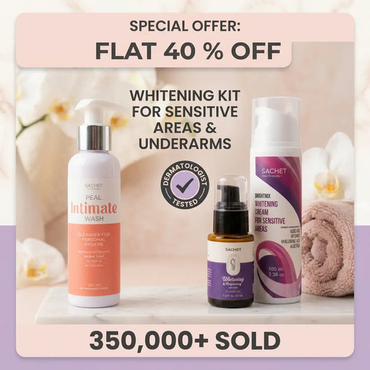 Sachet whitening kit for sensitive areas and underarms with a 40% off special offer on a light background.