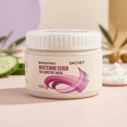 Jar of Brightnix Whitening Scrub with packaging details on a light background