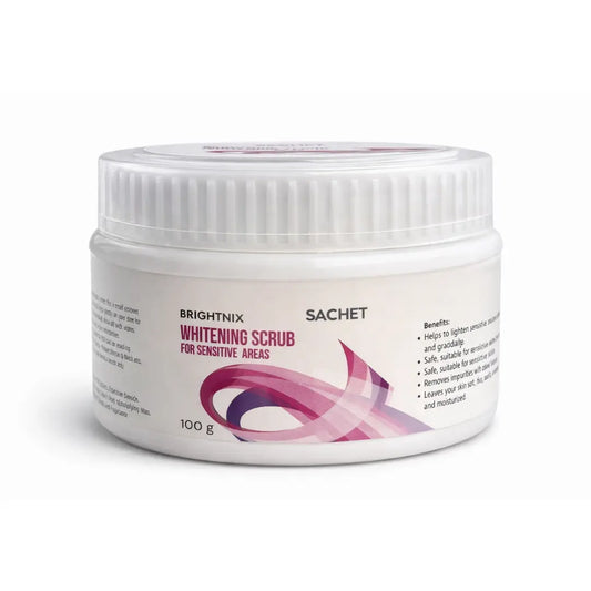 Jar of Brightnix Whitening Scrub with packaging details on a light background